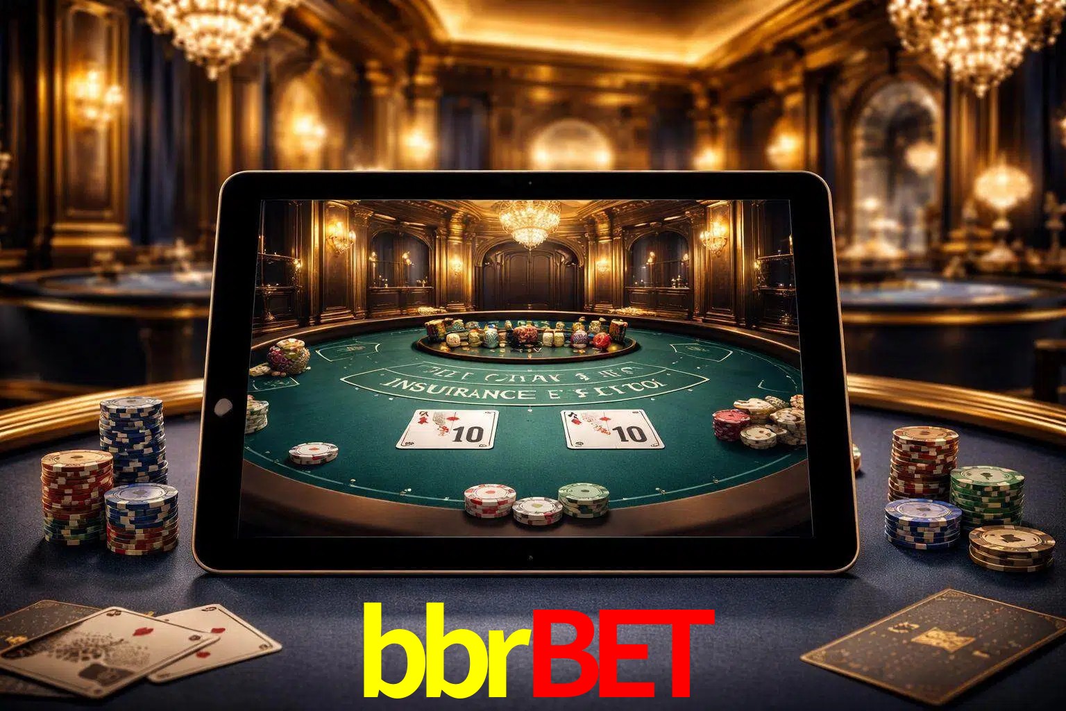 Configuración moderna de casino en vivo con una tableta mostrando una mesa de blackjack, luces cálidas de estudio y una atmósfera elegante de juegos digitales.