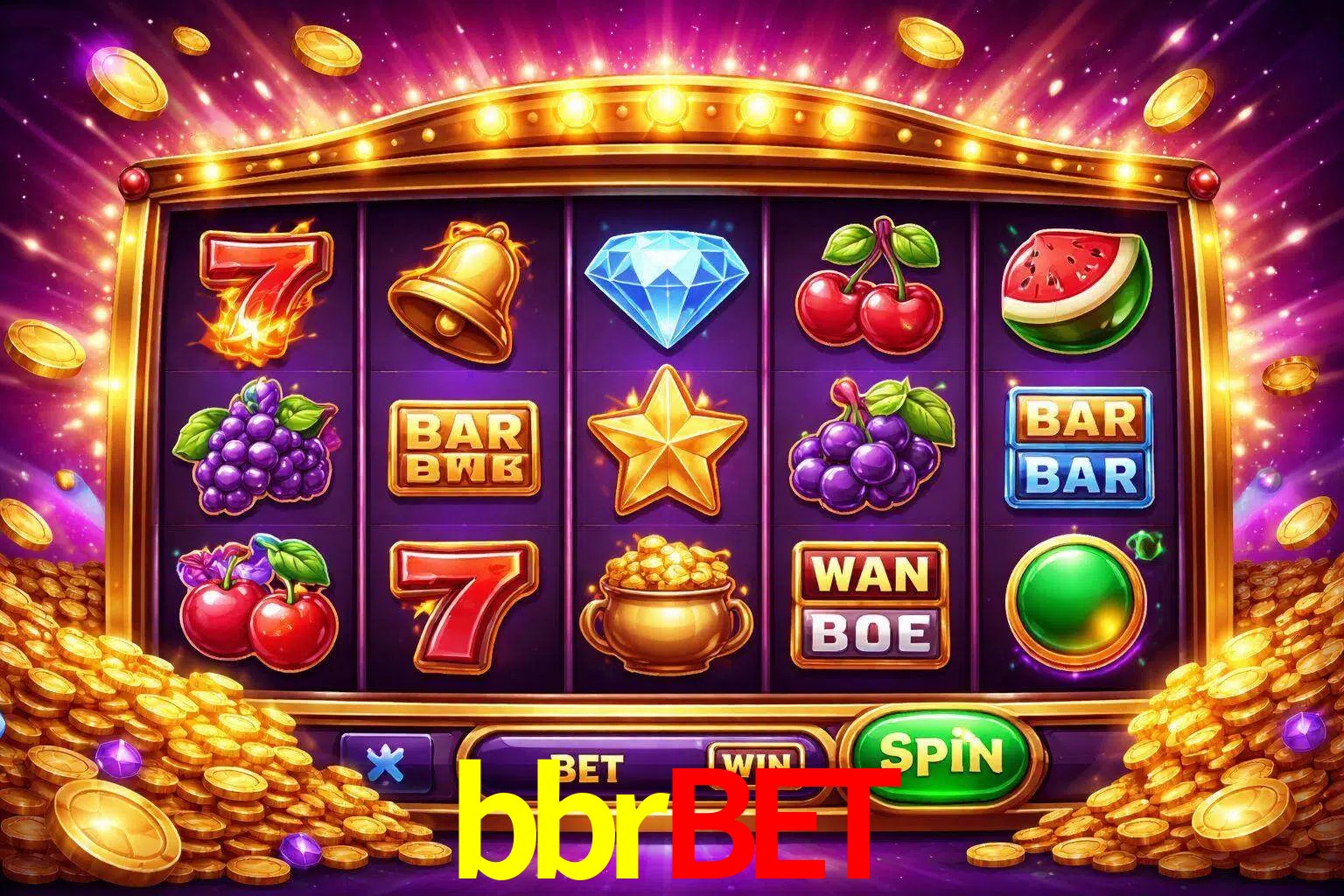 Una interfaz colorida de tragamonedas en línea con símbolos brillantes, monedas y un efecto de victoria celebratoria en bbrbet.